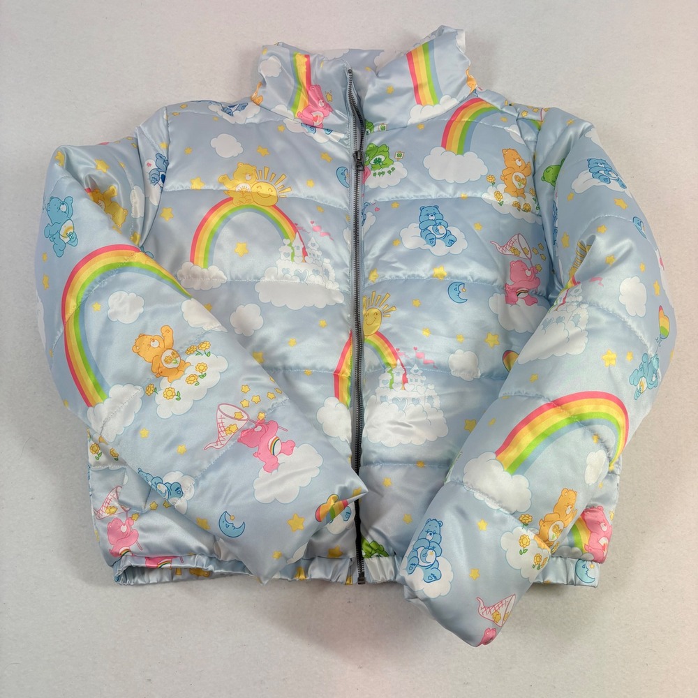Care Bears Puffer Jacket Womens M/L Blue Rainbow Cloud Satin Quilted Mad Engine